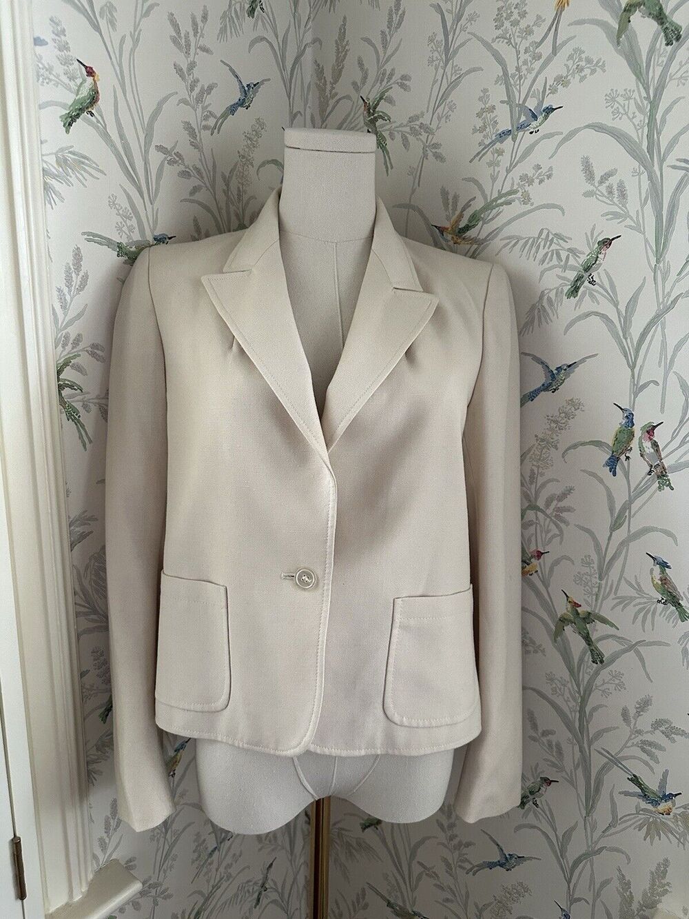 Jaeger Beige Blazer Crop One Button Made In Great Britain Vintage Size 10 Fits M